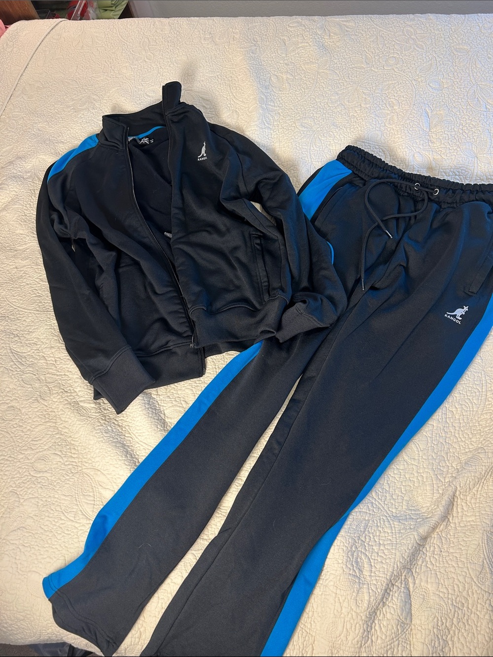Kangol Black Jacket & Black Track Pants with Blue Side Stripes